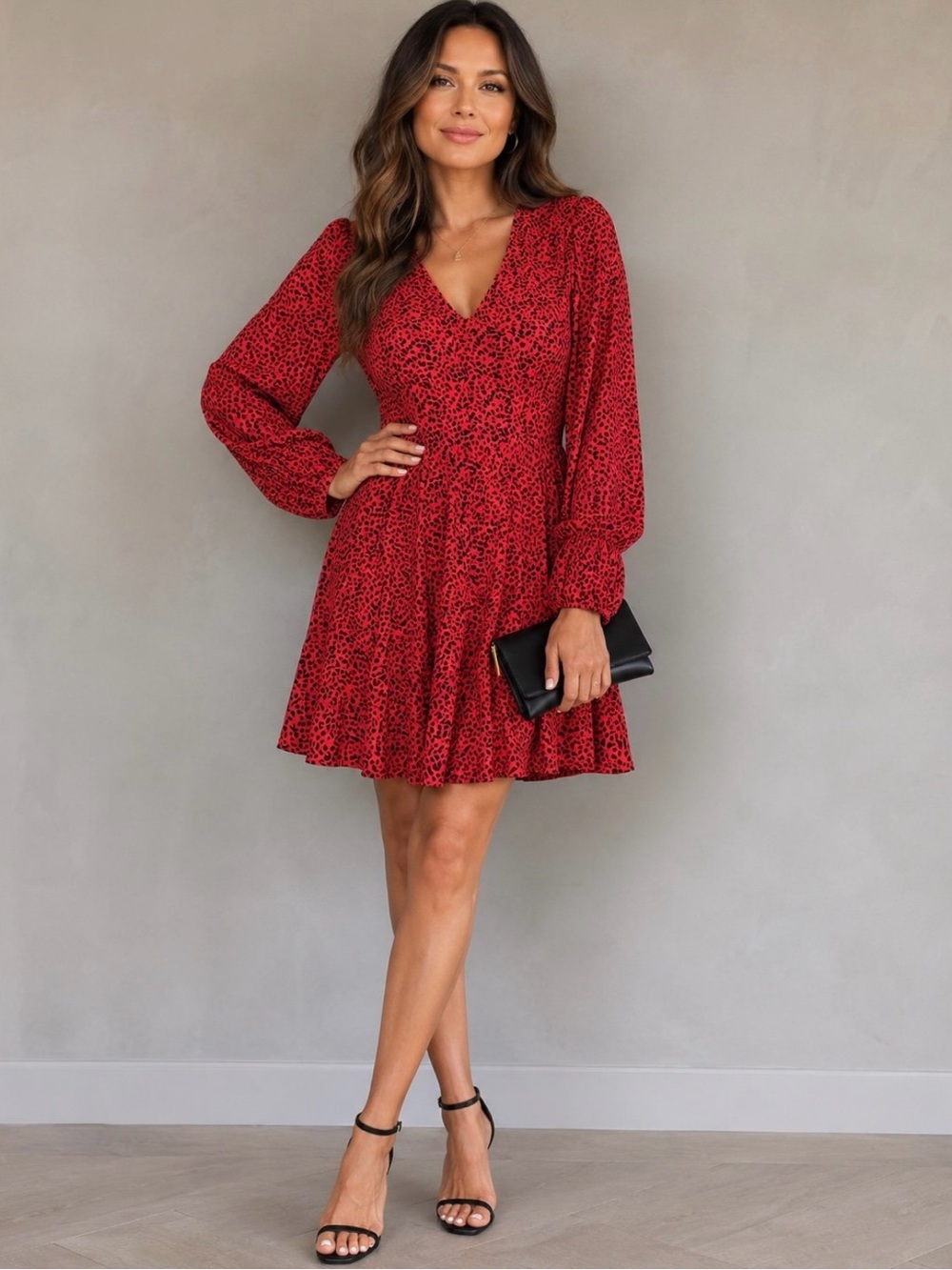 Alice + Olivia V-Neck Long Sleeve Red Printed Mini Dress